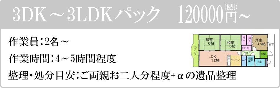 3DK～3LDKパック　120000円（税別）～。作業員：2名～。作業時間：4～5時間程度。整理・処分目安：ご両親お二人分＋α程度の遺品整理。