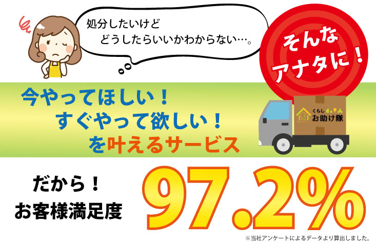 遺品整理を今やって欲しい！すぐ来て欲しい！を叶えるサービズ！だからお客様満足度97.2%!